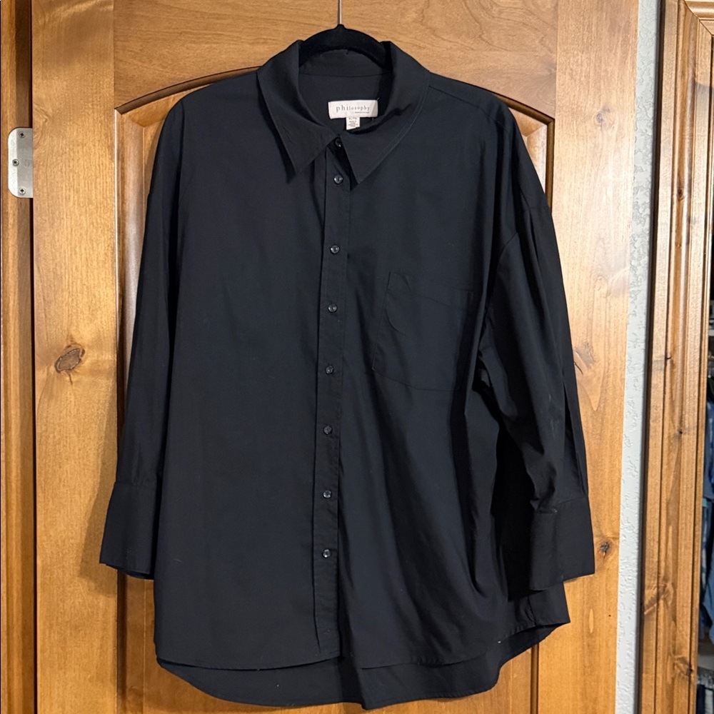 Like New Philosophy Women's 3/4 Sleeve Black 91% Cotton Blouse Button Front XL